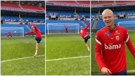 Erling Haaland unleashed a training volley with amazed and terrified fans in equal measure. © Twitter @nff_landslag