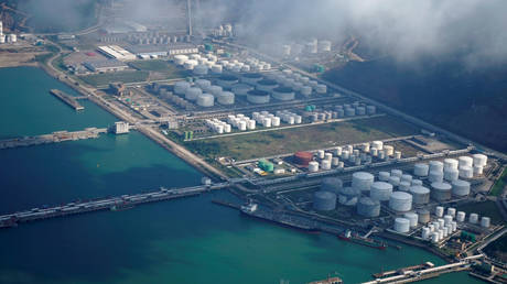 Oil and gas tanks at an oil warehouse at a port in Zhuhai, China