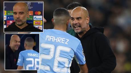 Guardiola was seen shouting at Mahrez on the touchline. © Action Images via Reuters / Twitter @BTSport