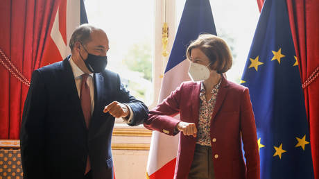 FILE PHOTO: French Defence Minister Florence Parly (R) elbows her British counterpart Ben Wallace (L) before a meeting in Paris on July 26, 2021