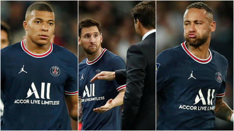 Mauricio Pochettino (center, right) needs to gel a side containing Kylian Mbappe (left), Lionel Messi (center, left) and Neymar © Benoit Tessier / Reuters