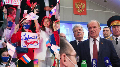 (L) The United Russia political party's supporters. © Sputnik / Ramil Sitdikov; (R) Leader of the Russian Communist Party Gennady Zyuganov speaks to the media at the Russian Central Election Commission in Moscow, Russia. © Sputnik / Alexey Maishev
