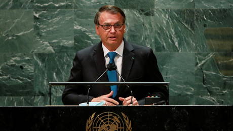 Brazilian President Jair Bolsonaro is shown speaking at the UN General Assembly on Tuesday in New York.