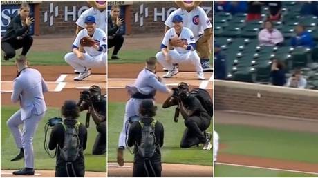 Notoriously bad: Conor McGregor almost takes out fans with &lsquo;embarrassing&rsquo; ceremonial pitch from UFC star (VIDEO)