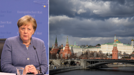 (L) Germany's Chancellor Angela Merkel. © AFP / LUDOVIC MARIN; (R) Moscow's Kremlin. © AFP / ALEXANDER NEMENOV