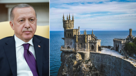 (L) Turkey's President Recep Tayyip Erdoğan. © AFP / MANDEL NGAN; (R) Swallow's Nest, Crimea. © Unsplash / Dmitry Bogatyrev