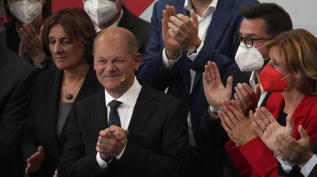 Olaf Scholz, SPD candidate for Chancellor, addressing supporters at the Social Democratic Party headquarters in Berlin