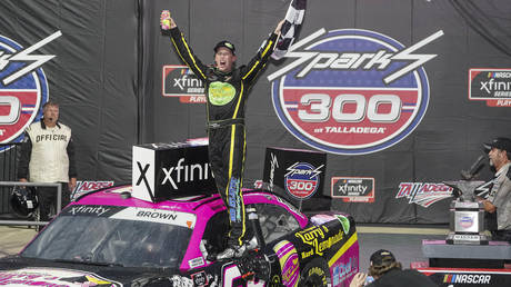 NASCAR Xfinity Series driver Brandon Brown celebrates after he won the darkness shortened race at Talladega Speedway, AL, USA, October 2, 2021
