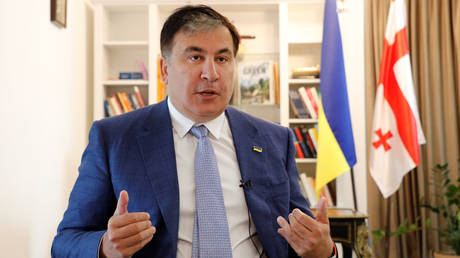 FILE PHOTO. Mikhail Saakashvili speaks at his house outside Kiev, Ukraine on May 8, 2020.