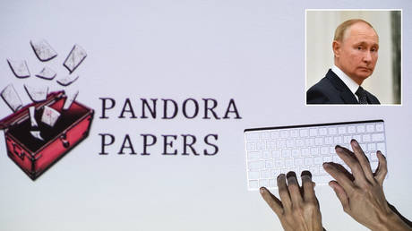 This photograph illustration shows hands typing on a keyboard in front of the logo of Pandora Papers, in Lavau-sur-Loire, western France, on October 4, 2021. © LOIC VENANCE / AFP; (inset) Vladimir Putin © Reuters