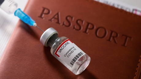 FILE PHOTO: A syringe and a vial labelled 'coronavirus disease (COVID-19) vaccine' are placed on a passport in this illustration taken April 27, 2021. © REUTERS / Dado Ruvic
