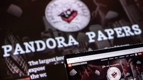 This photograph illustration shows the logo of Pandora Papers, in Lavau-sur-Loire, western France, on October 4, 2021. © LOIC VENANCE / AFP