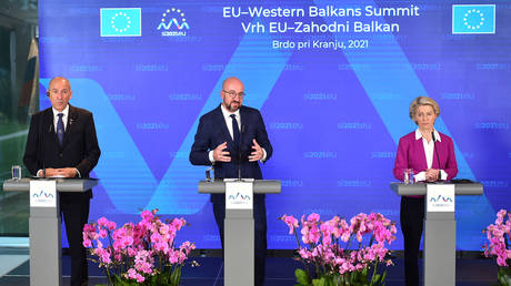 European Council President Charles Michel delivers a speech next to Slovenia's Prime Minister Janez Jansa (L) and European Commission President Ursula von der Leyen during a press conference at the EU-Western Balkans summit in Brdo Congress Centre, near Ljubljana on October 6, 2021.