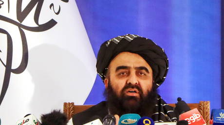 Taliban acting Foreign Minister Amir Khan Muttaqi is shown speaking at a press conference last month in Kabul.
