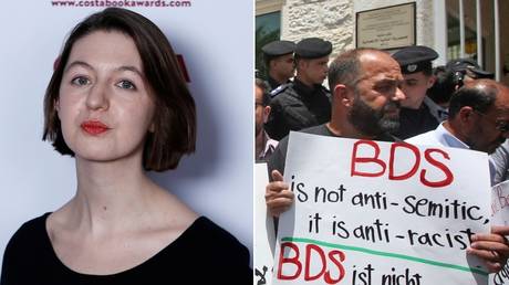 Sally Rooney. ©REUTERS/Henry Nicholls / A BDS protest outside Germany's Representative Office in Ramallah. ©AFP