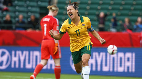 Lisa De Vanna #11 of Australia celebrates after scoring against Sweden during the Women's World Cup 2015 Group D match at Commonwealth Stadium on June 16, 2015 in Edmonton, Alberta, Canada. © Maddie Meyer - FIFA / FIFA via Getty Images