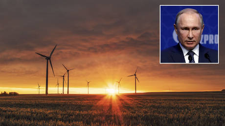 Wind Turbines in Biedesheim, Germany. © Unsplash / Karsten Würth; (inset) Vladimir Putin © REUTERS / Umit Bektas