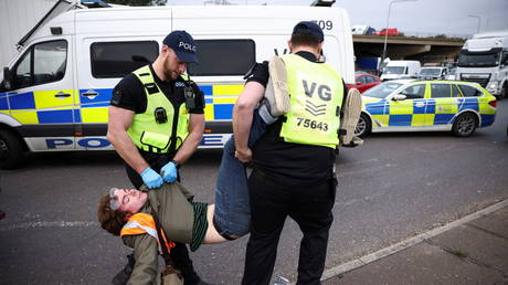 Police officers detain a man as Insulate Britain activists block a roundabout at a junction on the M25 motorway during a protest in Thurrock, Britain October 13, 2021. © Reuters / Henry Nicholls