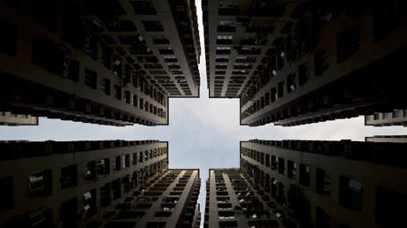 Apartment blocks form a symmetrical pattern in Hong Kong, China