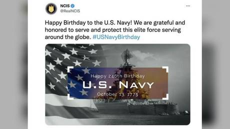 A graphic posted by NCIS that used a photo of Russian warship to wish the US Navy a happy anniversary (October 13, 2021)