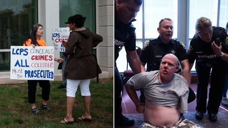 Protesters outside LCPS board meeting in Ashburn, Virginia on October 12. ©AFP / Andrew Caballero-Reynolds / Arrest of Scott Smith on June 22. ©REUTERS / Evelyn Hockstein