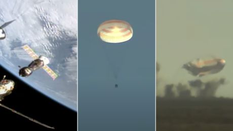 Back to Earth: Soyuz capsule with Russian crew behind first space movie successfully lands in Kazakhstan