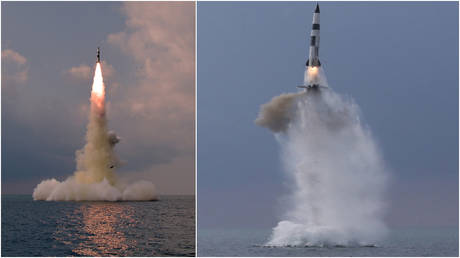 A series of pictures shows a new submarine-launched ballistic missile during a test off the coast of North Korea, October 19, 2021.