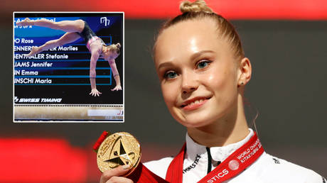 &lsquo;You are a queen&rsquo;: Gymnastics sensation Angelina Melnikova seizes on Simone Biles & Suni Lee absences to claim world crown (VIDEO)