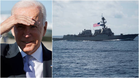 FILE PHOTOS: (L) President Joe Biden speaks to media at Joint Base Andrews, Maryland; (R) A US guided-missile destroyer transits the South China Sea.