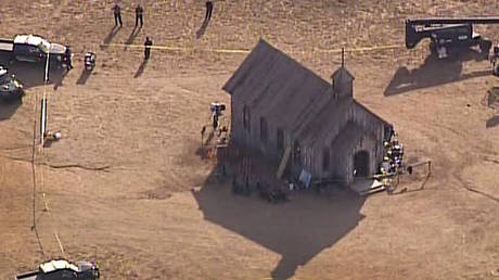 This aerial video image provided by KOAT 7 News, shows Santa Fe County Sheriff's Officers responding to the scene of a fatal accidental shooting at a Bonanza Creek, Ranch movie set near Santa Fe, N.M. Thursday, Oct. 21, 2021. © KOAT 7 News via AP