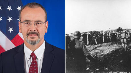 (L) Anthony F. Godfrey, Ambassador to Serbia © Wikipedia; (R) Serb males from Kragujavac being registered before being shot in reprisal. © Wikipedia