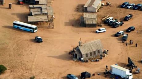 An aerial view of the film set for 'Rust' is seen after actor Alec Baldwin fatally shot cinematographer Halyna Hutchins and wounded a director when he discharged a prop gun, October 21, 2021.