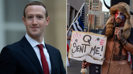 (L) Facebook CEO Mark Zuckerberg. © Getty Images / Aurelien Meunier; (R) Jake Angeli, known as the "QAnon Shaman". © AFP / OLIVIER TOURON