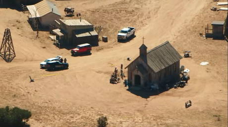 An aerial view of the film set on Bonanza Creek Ranch in Santa Fe, New Mexico, US, October 22, 2021