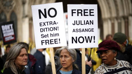 Supporters of Wikileaks founder Julian Assange protest outside the Royal Courts of Justice in London, Britain, October 27, 2021