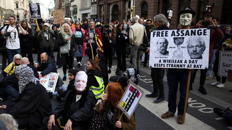 Supporters of Wikileaks founder Julian Assange protest outside the Royal Courts of Justice in London on October 28, 2021 © REUTERS/Henry Nicholls