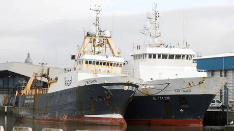 FILE PHOTO: Freezer trawlers are docked at Boulogne-sur-Mer in northern France