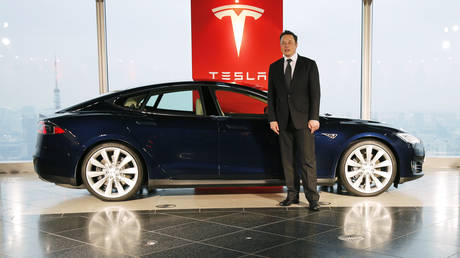 FILE PHOTO. Tesla Motors Inc Chief Executive Elon Musk poses with a Tesla Model S electric car in Tokyo. © Reuters / Toru Hanai