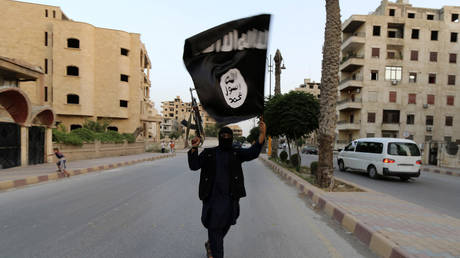 FILE PHOTO: A member loyal to Islamic State (IS, formerly ISIS) waves an IS flag in Raqqa, Syria.