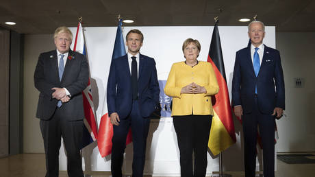 Boris Johnson, Emmanuel Macron, Angela Merkel and Joe Biden at the G20 summit in Rome, Saturday, Oct. 30, 2021