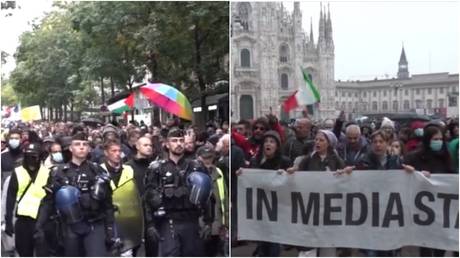 Protests against mandatory health pass in Paris (L) and Milan. © Ruptly