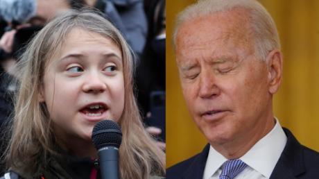 Photo of Greta Thunberg speaking to protesters on Monday near the COP26 summit in Glasgow; file photo of Joe Biden. REUTERS/Russell Cheyne; MANDEL NGAN/AFP