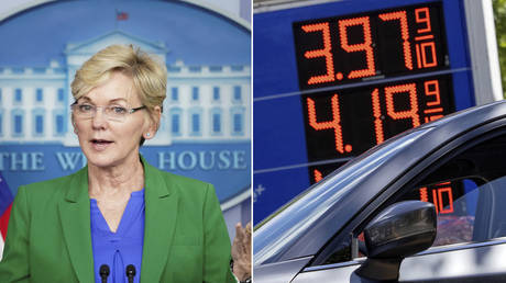 (L) US Energy Secretary Jennifer Granholm © REUTERS / Kevin Lamarque; (R) Gas prices are seen are at an Exxon gas station. © REUTERS / Carlos Barria