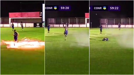&lsquo;Madness&rsquo;: Footballer hit by firework as match is abandoned and police are called on night of shame in England and Ireland (VIDEO)