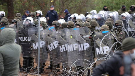 Polish law enforcement officers and frontier guards stand next to a barbed wire fence as hundreds of migrants gather on the Belarusian-Polish border. © Reuters / Leonid Scheglov