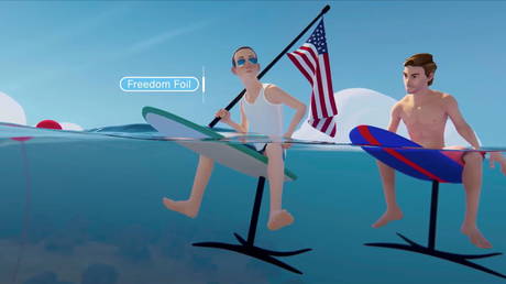 FILE PHOTO: An avatar of Facebook CEO Mark Zuckerberg is seen carrying a U.S. flag while riding a hydrofoil in the 'Metaverse'. © Facebook / Handout via REUTERS