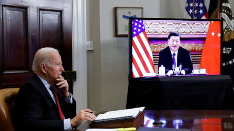US President Joe Biden speaks virtually with Chinese leader Xi Jinping from the White House in Washington, DC, November 15, 2021.