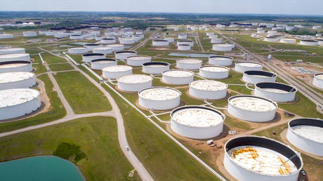 FILE PHOTO: Crude oil storage tanks are seen in an aerial photograph at the Cushing oil hub in Cushing, Oklahoma, US, April 21, 2020.