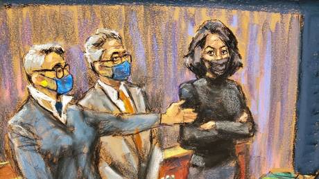 Defense lawyer Bobbi Sternheim points toward Ghislaine Maxwell standing beside Jeffrey Pagliuca in courtroom sketch in New York City