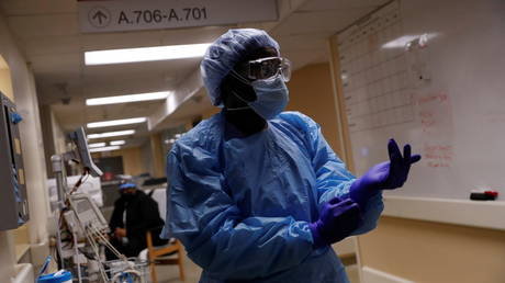 File photo: A Covid-19 unit nurse at University of Arkansas for Medical Sciences (UAMS) in Little Rock, August 16, 2021.